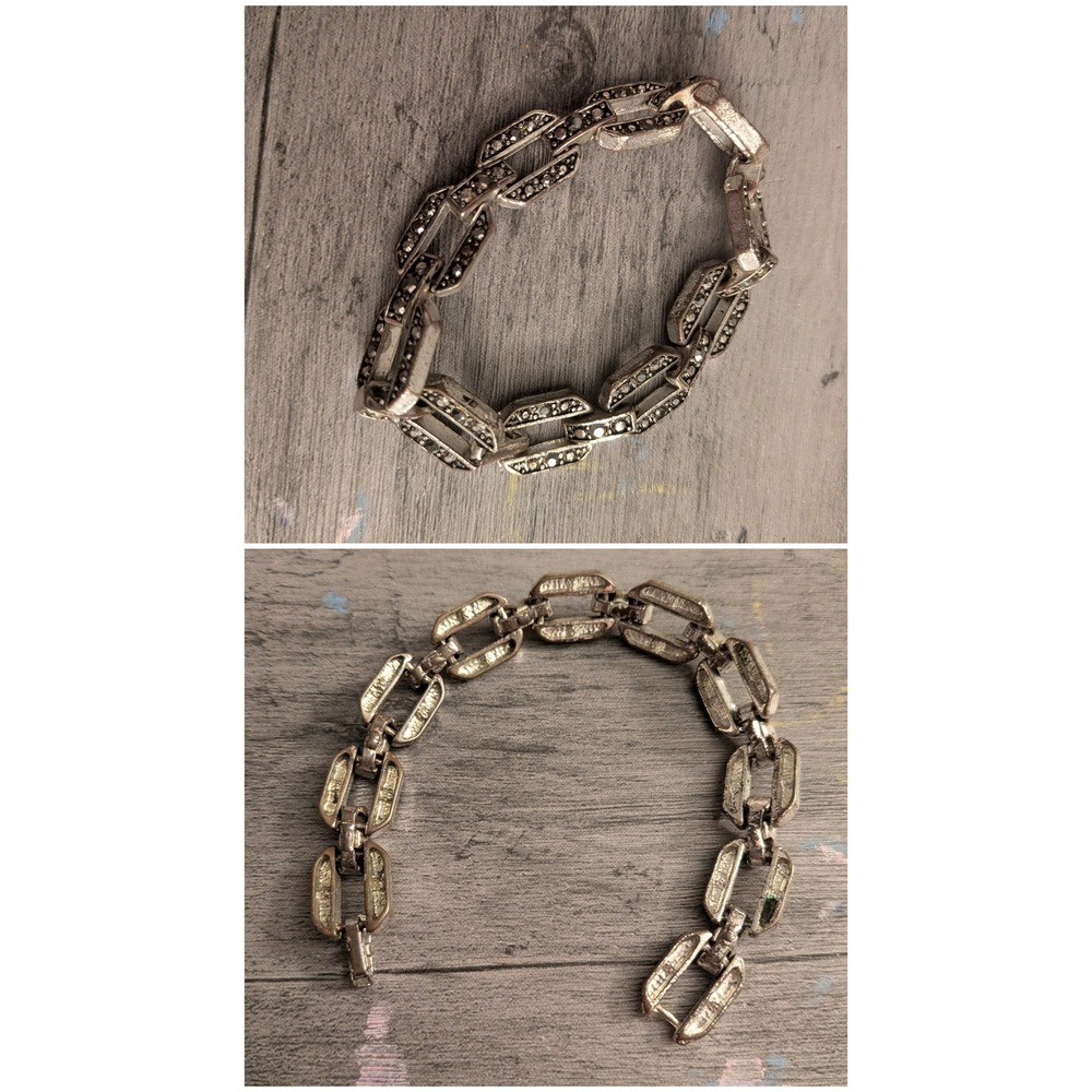 Vintage Marcasite Silver Tone Geometric Link Bracelet Antique Style Victorian